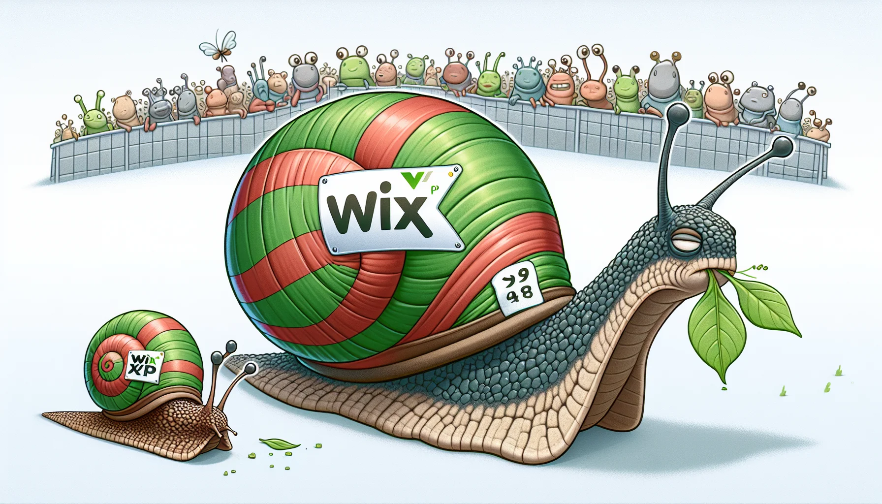 Create a humorous image illustrating a race between two snails. One snail is decked out in racing gear with a 'WIX XP' emblem on its shell. Its face is filled with determination as it slowly glides along. The other snail has a 'WIX' emblem on its shell and appears to be distracted, looking off to the side while munching on a leaf. In the background, a cheering crowd of other insects and small creatures adds to the absurd spectacle. This is a light-hearted allegory illustrating the comparison between 'WIX XP' and 'WIX' in the context of web hosting.