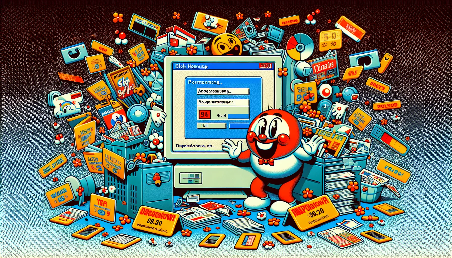 Create an amusing image that depicts a comedic tech scenario involving an operating system from early 2000's, styled to look enticing for those interested in web hosting. Show the interface bursting with an overflow of pop-up ads, a cheerful mascot struggling to maintain the site's performance, and a dominating countdown timer for a disk cleanup, creating a comedic and chaotic scene.