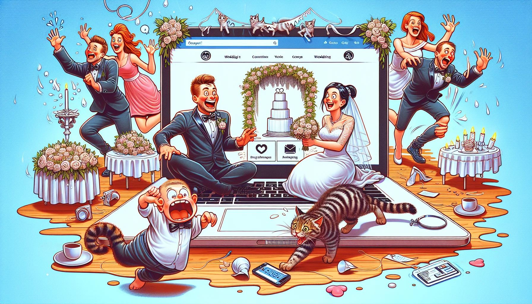 Visualize a comical scene portraying a hypothetical wedding embellished by the use of a well-known web hosting service. It includes a couple joyfully planning their wedding on a laptop. The screen displays a beautifully designed website with matrimonial themes and a countdown to the big day. Additionally, there's a confused but adorable tottering ring bearer, a cat chasing its tail inconveniently sitting on the keyboard, and an overly excited bride-to-be who is accidently pouring her coffee on the caps lock key. The scene radiates the crazy yet joyful charm of wedding preparations.