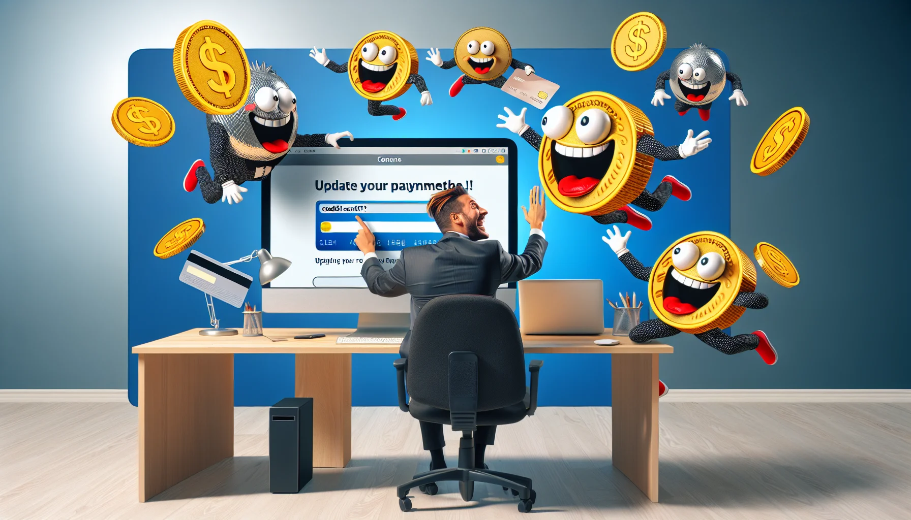 Create an eccentric and amusing scene of a generic person on a computer updating their payment method on a fictional web hosting platform. The person should be surrounded by laughing mascots that represent coins and credit cards, attempting to 'jump' into the computer screen. To enhance the visual comedy, show elements of surprise on the person's face as well as the mascots'. The environment should reflect a professional home-office setup, indicating the seriousness of the task amidst the fun chaos.